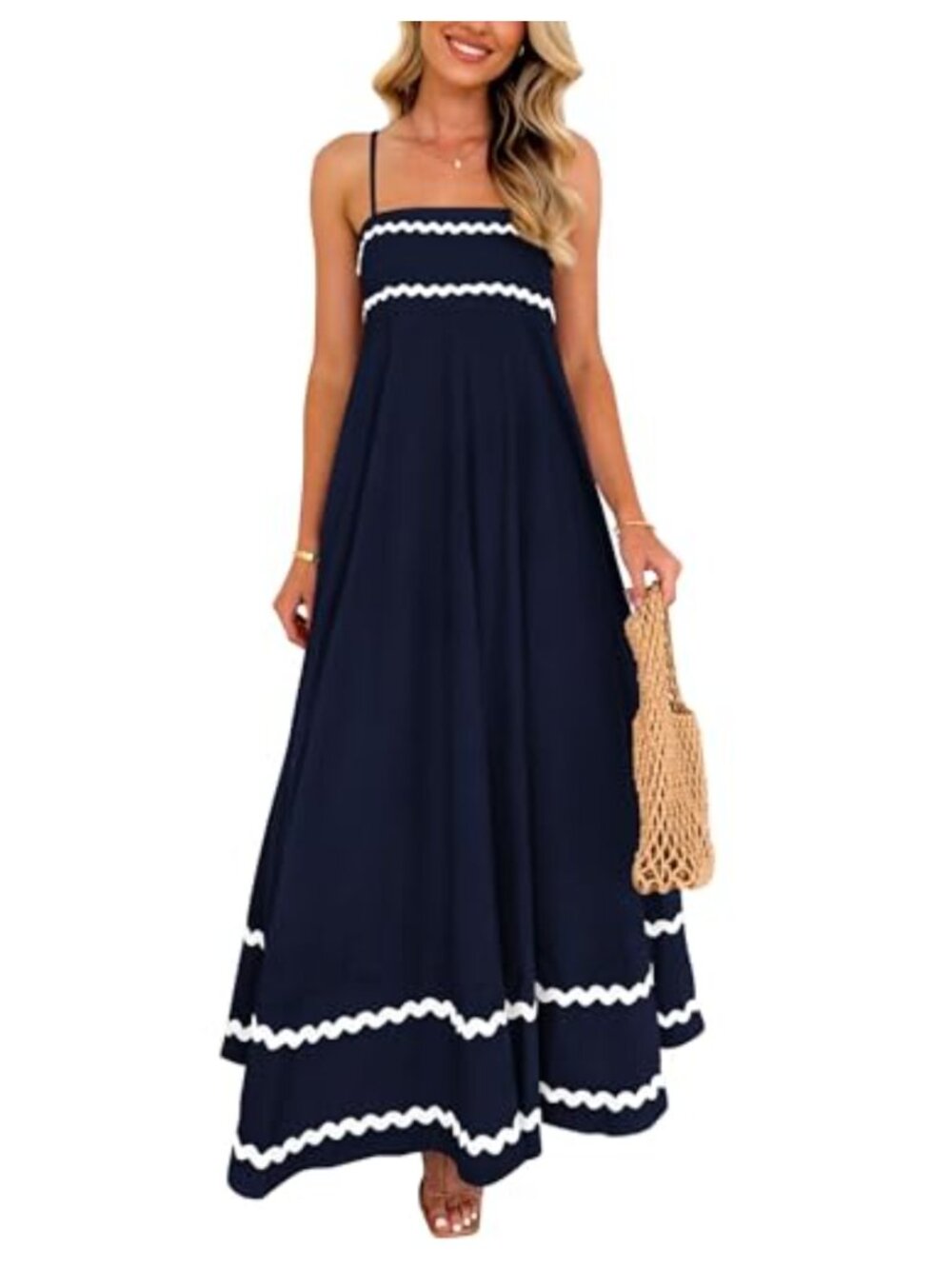 Boho Spaghetti Strap Maxi Dress A-Line Square Neck Smocked Back Ruffle Swing